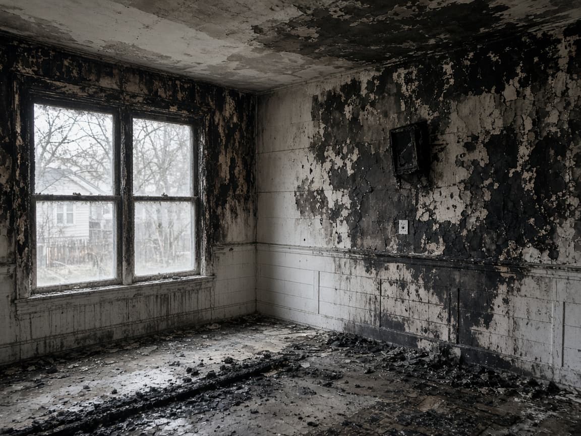 Soot and smoke damage on an interior residential wall