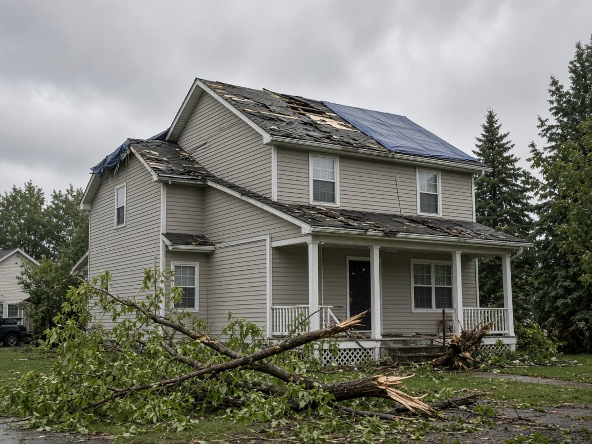 Residential roof with missing shingles after a storm