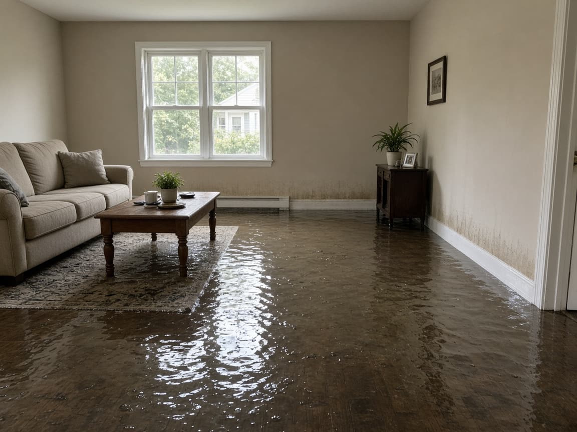 Standing water covering residential flooring after a leak